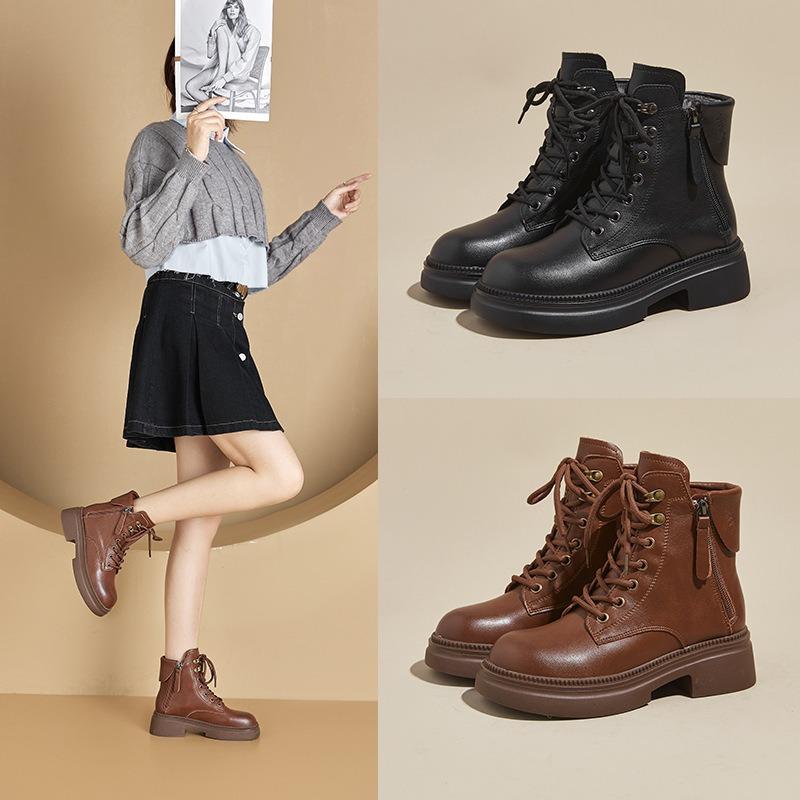 Podzimní Kožené Retro Martinky Dámské Boty na Platformě s Dvojitým Zipem Ležérní Boty Dámské Šněrovací Dámské Kožené Boty