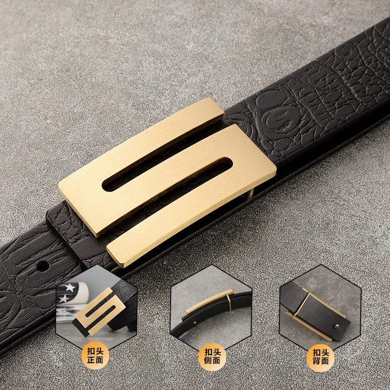 Belt Men'S Genuine Leather Buckle, First Layer Real Cowhide Inner Wear Formal Business Youth Handmade Plate Buckle Crocodile Pattern Belt Tide