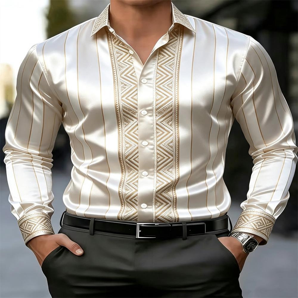 Stripe Satin Men Shirt Geometric Jacquard Slim Long Sleeve Formal Business Dress Top