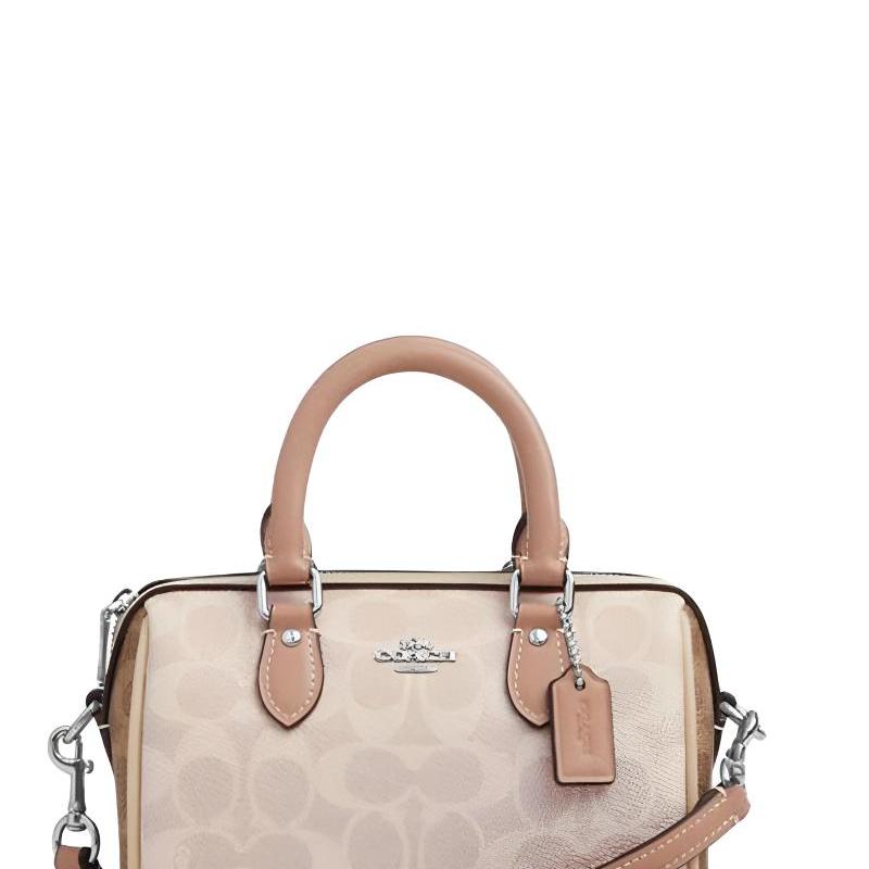 COACH Rowan 18 classic brand logo presbyopia Boston bag shoulder crossbody bag artificial leather handbag small size women's sand yellow and taupe