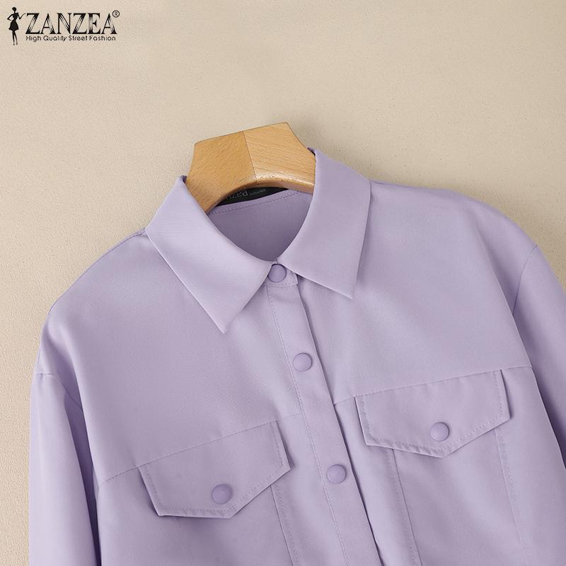 ZANZEA Women Casual Turn Down Collar Long Sleeve Plain Blouse