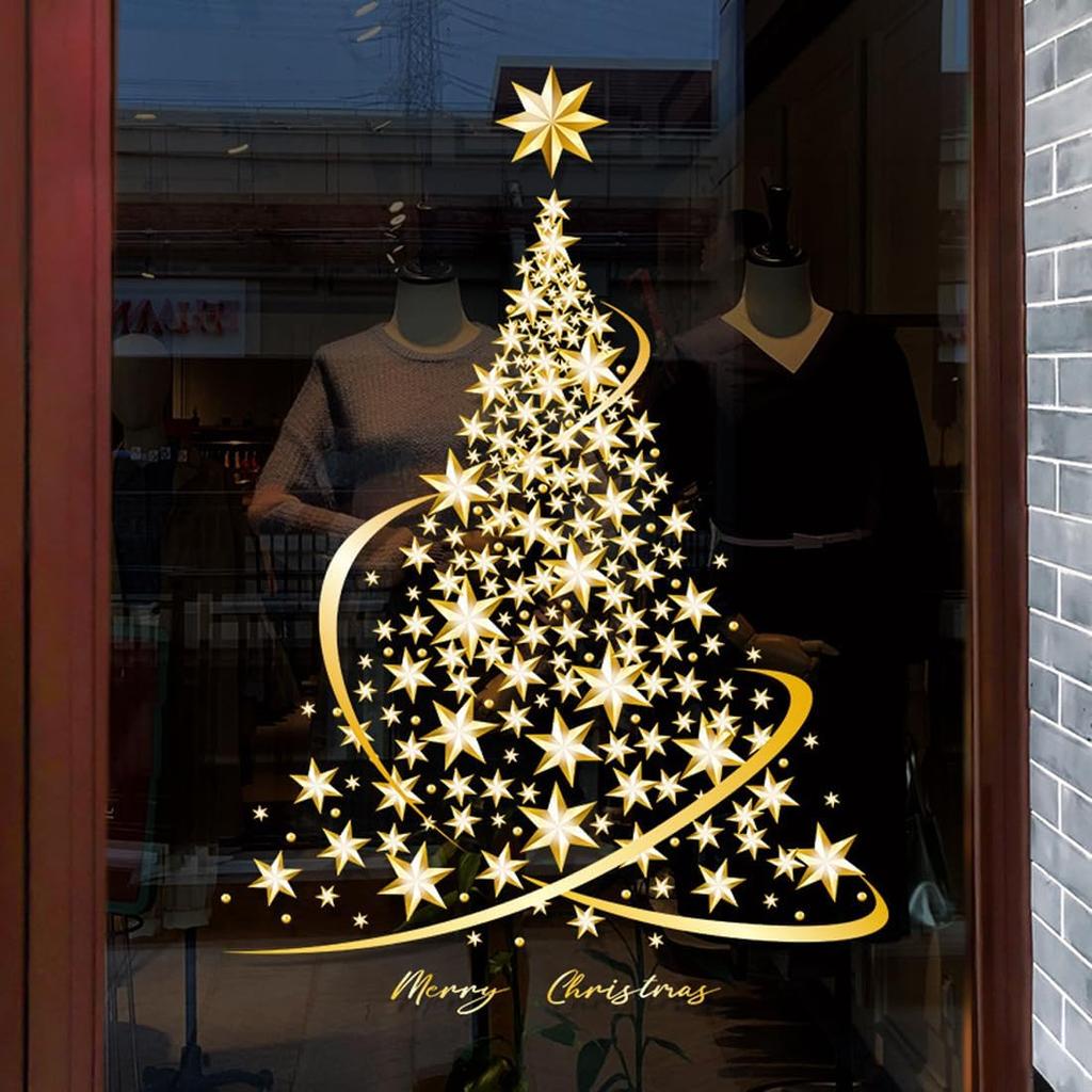 Christmas Tree Window Clings Stickers for Glass, Extra Large Golden Xmas Windows Static Stickers, DIY Wall Window Door Mural Showcase Decal Sticker