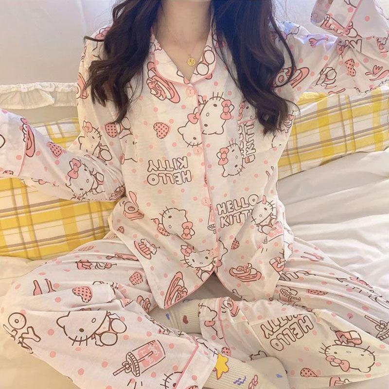 Cute cartoon Hello Kitty pajamas women's spring and autumn long-sleeved suit sweet age-reducing women's loungewear