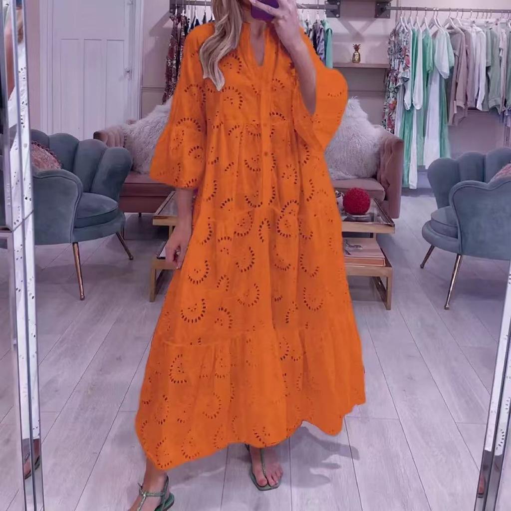 IHUASU 8 Colors S-5XL Women's Fashion Summer Spring Solid Color Print 3/4 Sleeve V-Neck Casual Dresses