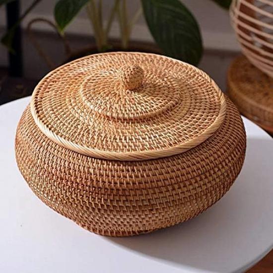 Round Rattan Boxes with Lid Hand-Woven Multi-Purpose Wicker Tray 11 Inch Picnic Food Bread Table Storage Basket (28x13cm)
