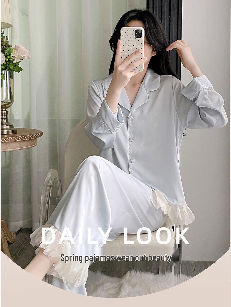 Ice Silk Pajama Set - Women's Long Sleeve & Pants with Lace, Sweet Style, Wearable Outdoors, 2025 Collection
