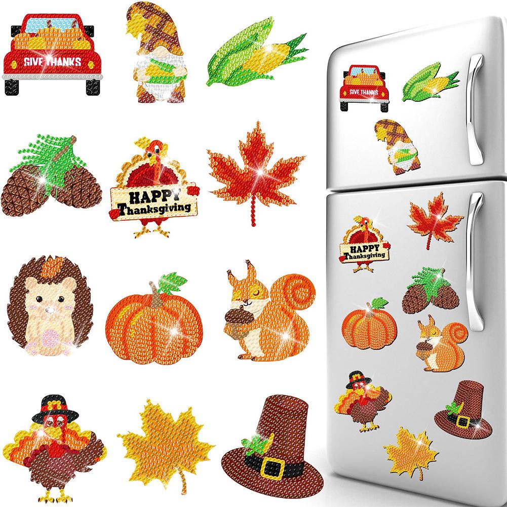 8/12PCS Diamond Painting Fridge Magnets Sticker Thanksgiving Refrigerator Magnets for Fridge Whiteboards Car Mailbox Decoration