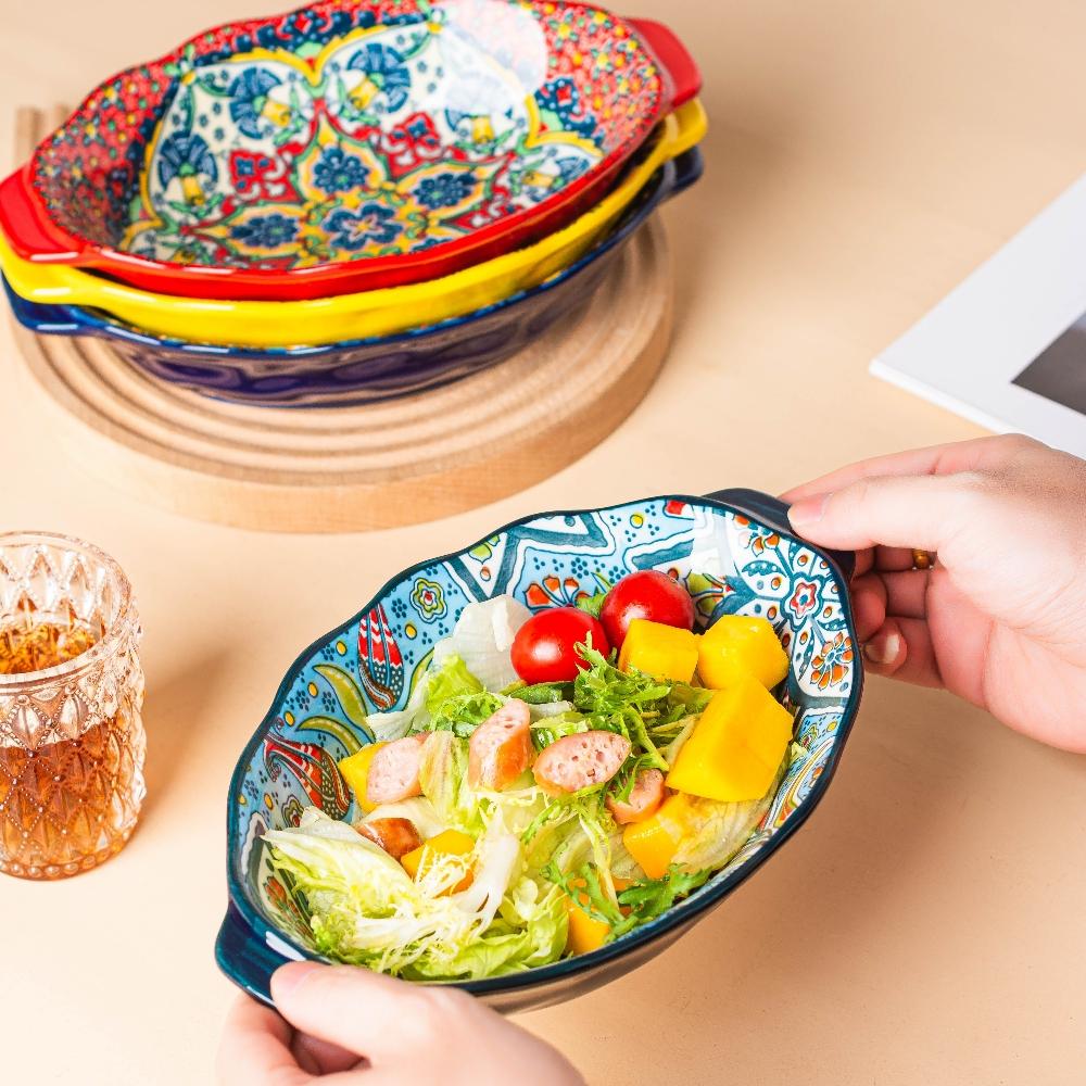 Bohemian Egg-shaped Ceramic Baking Pan Pasta Plate Fruit Salad Plate Colorful Combination Set, 9 Inch
