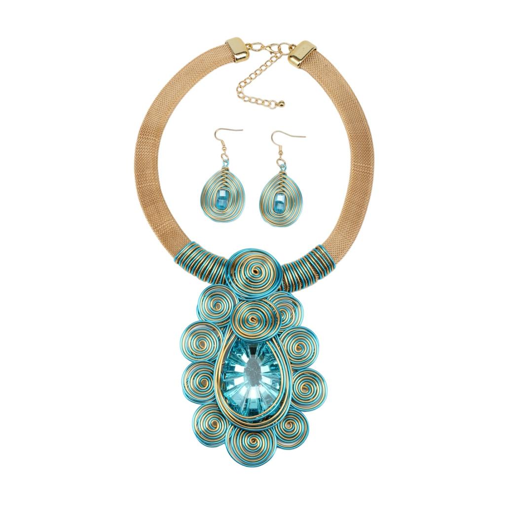 Crystal Pendant Necklace Earrings for Women Chunky Statement Flower Festival Ethnic Tribal Jewelry Accessories