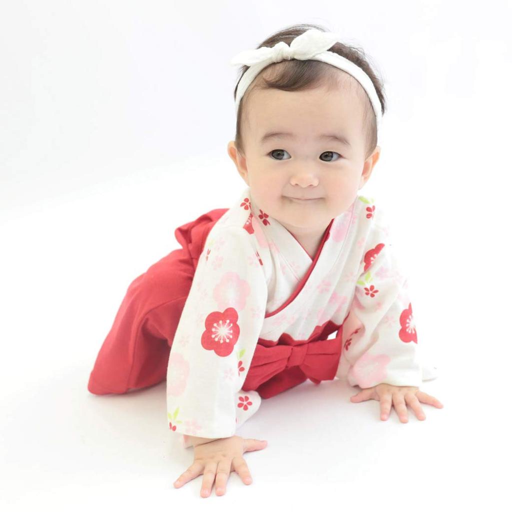 Aenak Plum Blossom Print Girls' Hakama Romper, Baby Hakama for First Meal, Size 70