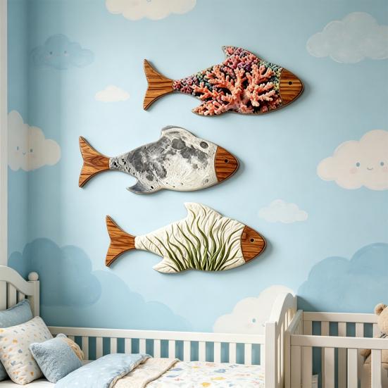 3Pcs Wooden Fish Wall Decoration, Coral Moon Seaweed Fish Hanging Ornament, Nautical Coastal Ocean Theme Wall Art for Bathroom, Living Room