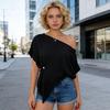 Women T-shirt Skew Collar Batwing Short Sleeve Waist Tight Design Tee Shirt Pure Color Loose Fit Soft Stretchy