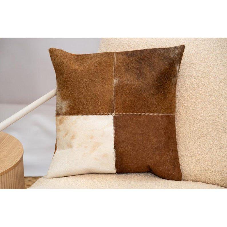 Natural Leather Cowhide Cushion Cover - Handmade Patchwork Pillow  Melbourne Leather Gift For Her Him Birthday Anniversary