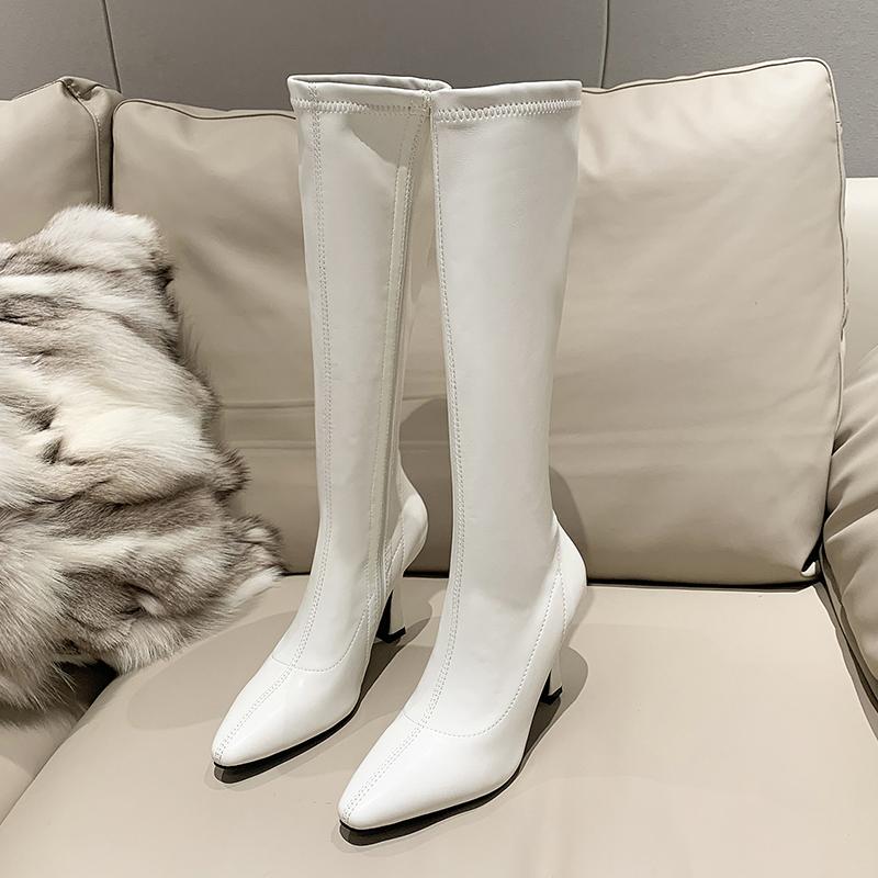 Autumn Soft Leather Pointed Toe Knee High Boots Women Fashion Thick Heels Shoes Street Style Mordern Long Botas Mujer