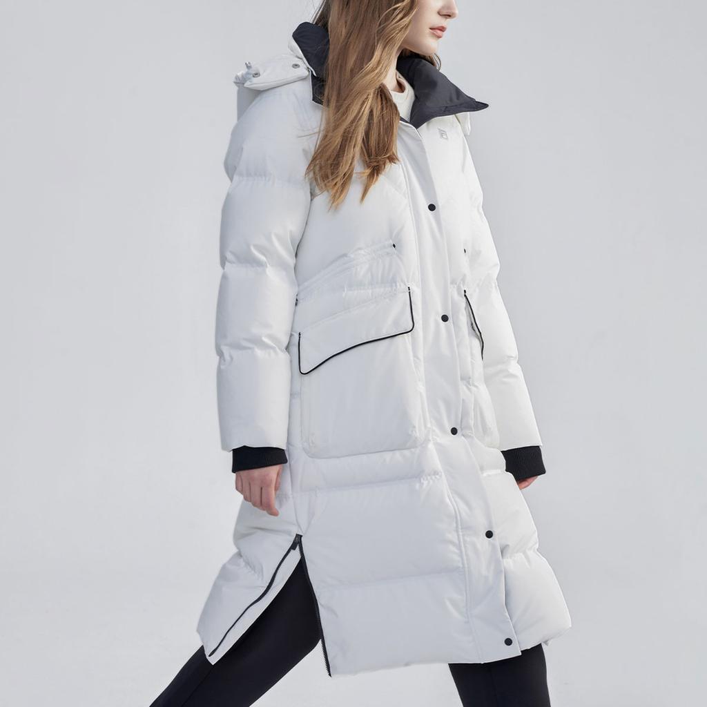 Fila Solid Color Long Hooded Casual Down Jacket Women Outerwear Off-White F11W344912F-WT