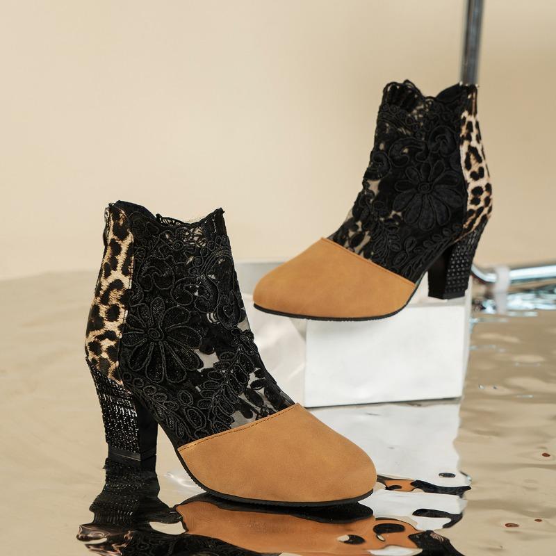 Amazon Large Size Mesh High Heel Women's Sandals European and American Fashion Lace Round Toe Women's Block Heel Single Shoes