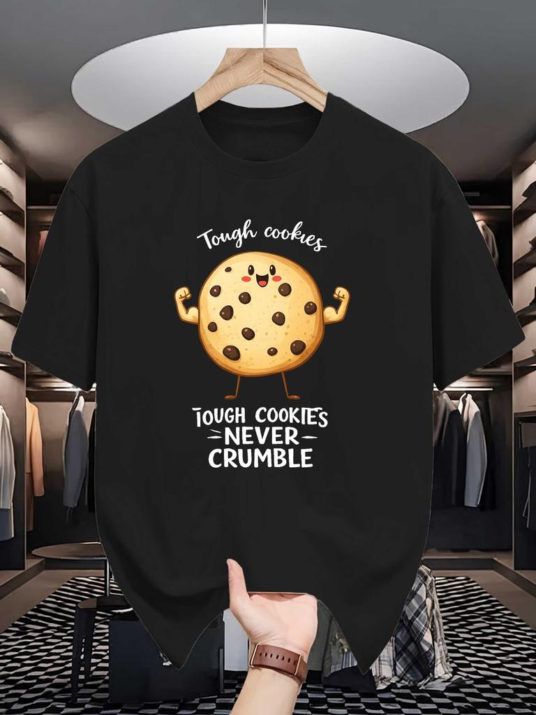 Unisex Navy Blue Tee Muscular Cookie Cartoon Food Letter Graphic Print Crew Neck Short Sleeve Summer Casual Male Cotton Street Top