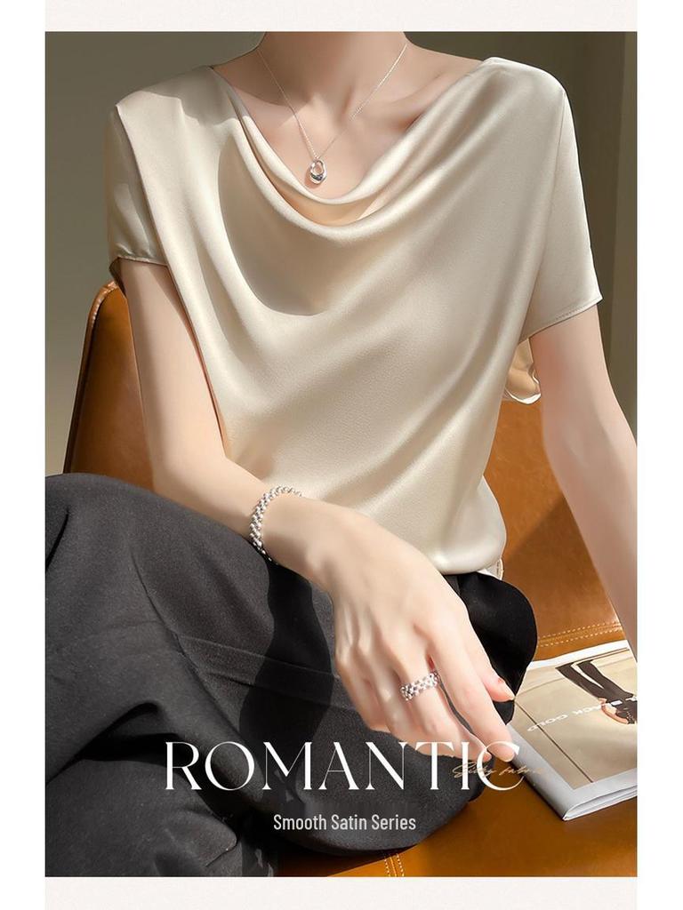 Women's High-End Short Sleeve Cowl Neck Satin Blouse
