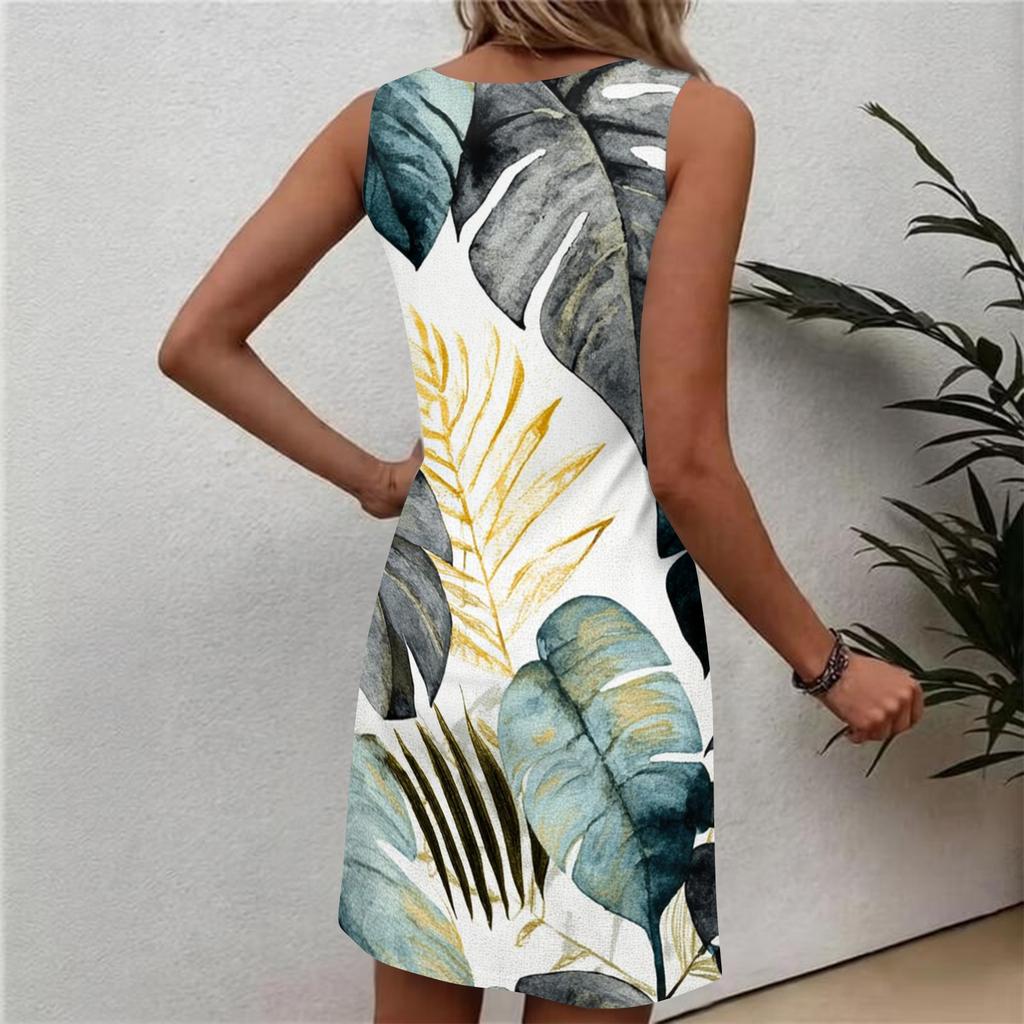 Robe d'été décontractée à fleurs pour femme, col rond, sans manches