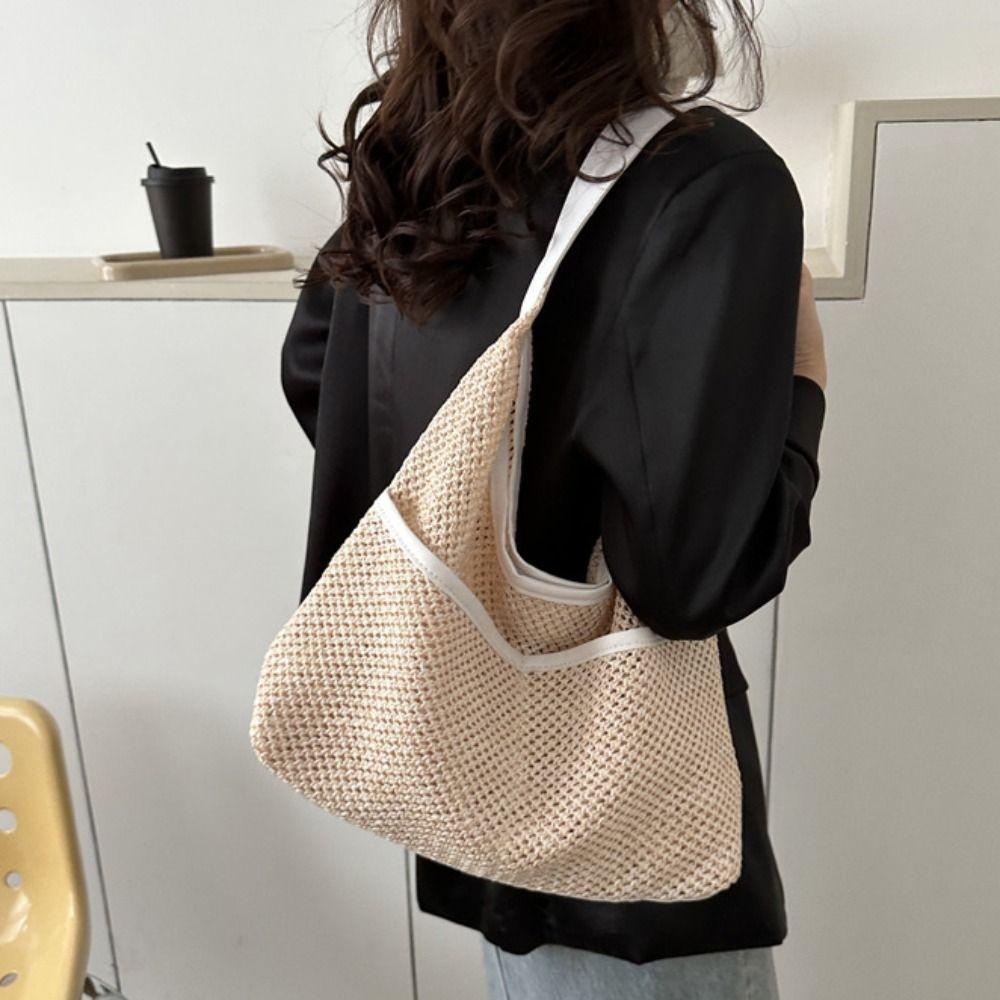 Khaki Straw Shoulder Bag Large Capacity Underarm Tote Bag Summer Woven Handbag  Female