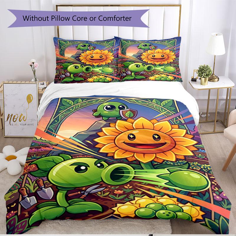 3pcs Duvet Cover Set (1*Duvet Cover + 2*Pillowcase, Without Core), Plants VS Zombies Print Soft All‑Season Bedding Set, Home Bedroom Decor Gift