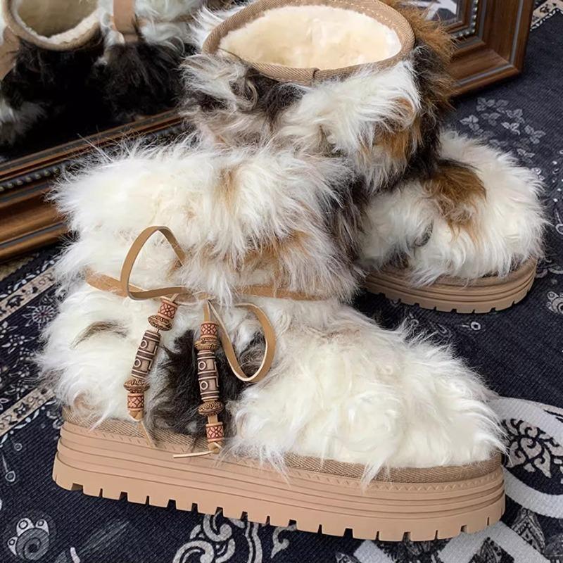Fashion Bow Bead Fur Platform Women Ankle Snow Boots Flats Plush Cotton Shoes Woman Brand Winter New Trend Warm Casual Shoes Botas Mujer