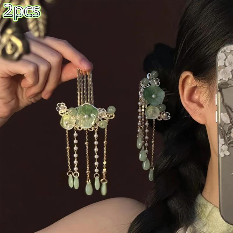 1/2Pcs Chinese Lotus Leaf Flower Hairpin Alloy Jewelry Hair Stick Trendy Long Tassel Hairpin For Women Girls Hair Accessory