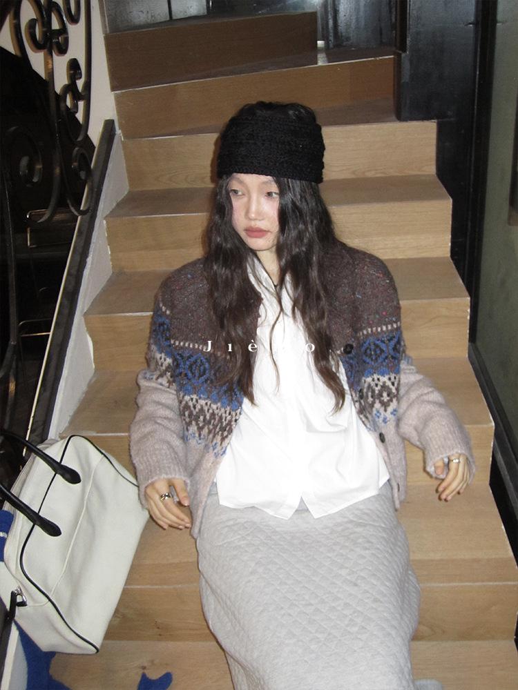 

Women s Retro Fair Isle Mustard Cardigan Sweater: Autumn/Winter Korean Style with Contrast Colors One Size кавовий