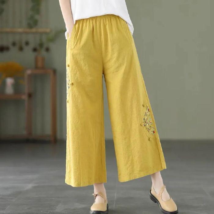 Spring/Summer Plus Size Loose Cotton Linen Embroidered Retro Wide-Leg Pants