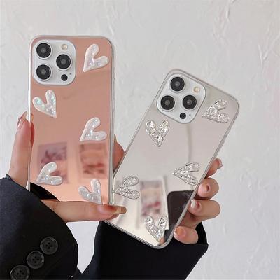 3d Love Heart Pattern Make Up Mirror Phone Case For iPhone 16 Pro Max 15 14 Pro 13 12 11 Glossy Clear Shockproof Slim Cover