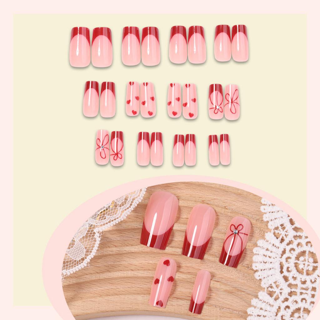24Pcs French Heart Design Fake Nails Mid-Cuticle Style Manicure Tool For Wedding Daily