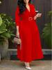 2024 Women's Fashion Lapel Long Sleeve High Waist Pleated Solid Color African Dress