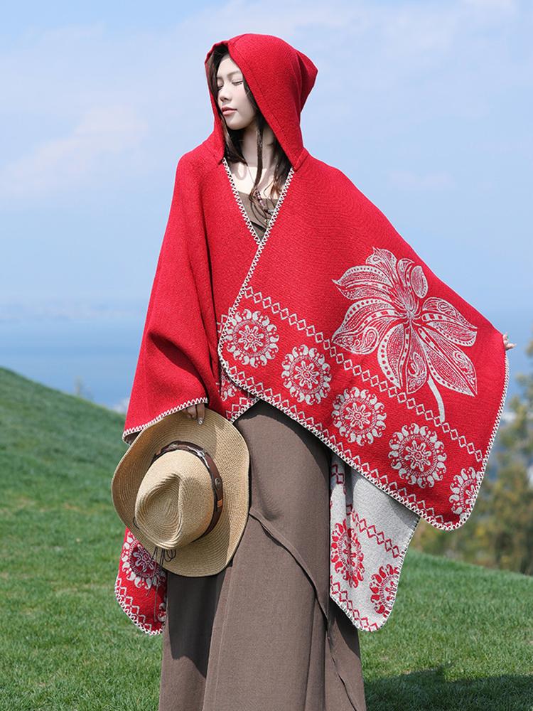 Winter Women Scarf Hooded Layers Poncho Elegant Lady Retro Floral Print Warm Wrap Shawl Scarve Capa Para Mujer Pashmina Cloak