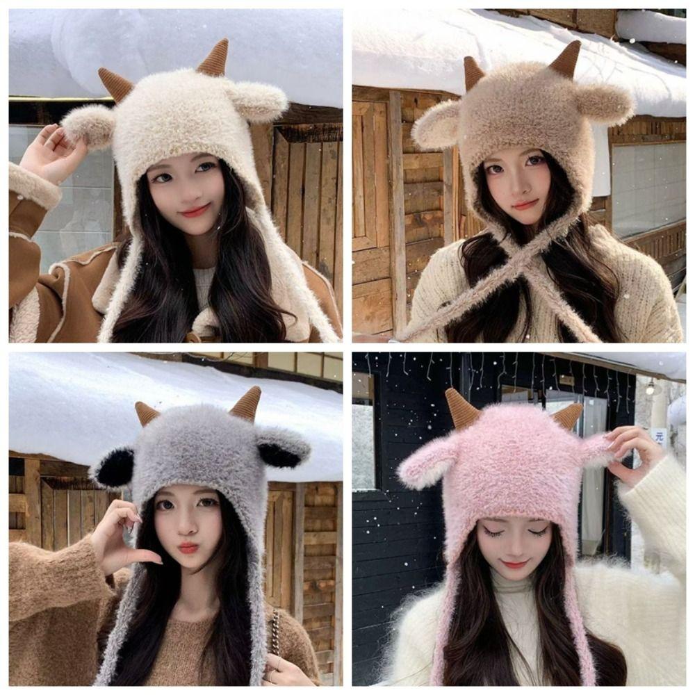 Korean Style Knitted Hat Fleece Lined Sheep Horn Hat Cute Earflap Cap  Daily Outing
