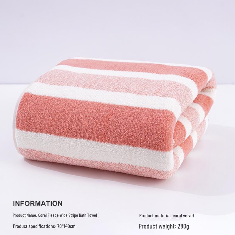 Temu Coral Fleece Quick-Drying Absorbent Bath Towel - Thick, Soft & Comfortable Striped Towel for Men & Women