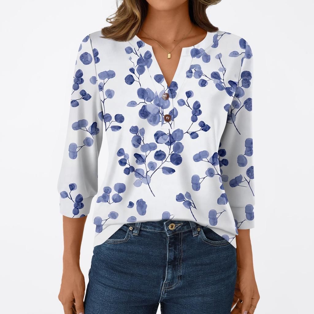 Women's Fashion Casual 3/4 Sleeve T-Shirt Prints V-Neck Button Top