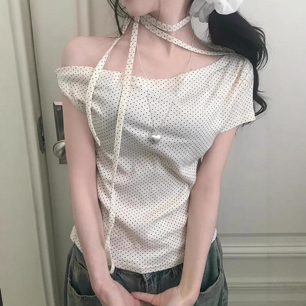 Sweet Girl Contrasting Polka Dots Asymmetrical Off-the-shoulder Lace-up T-shirt Women's Summer Korean Versatile Slim Slanted Shoulder Top