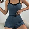 European & American Style Women's Lace Trim Pajama Set: Elastic Striped Suspender Shorts, Faux Cotton Fleece for Home