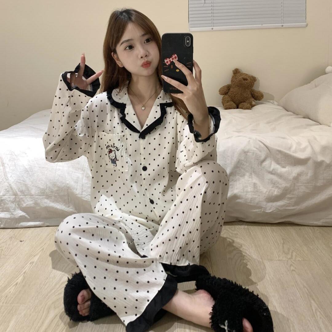 

Polka dot kitty pajamas women s spring and autumn lotus leaf edge long-sleeved Japanese student homewear suit outer wear girl style S [recommended weight 80-95]