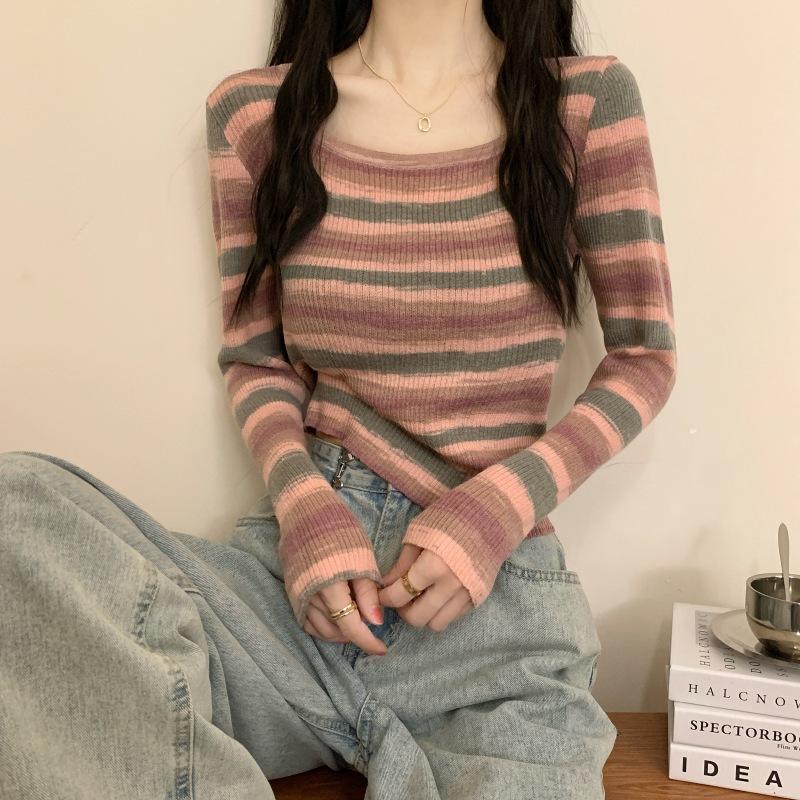 Contrasting Striped Square Neck Knitted Bottom Shirt Women's Spring Slim Skinny Inner Top Versatile Sweater