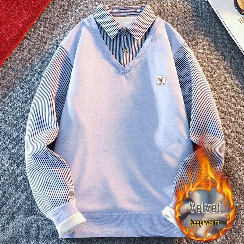 

Men s Fleece-Lined Knit Pullover, Fake Two-Piece with Shirt Collar, Long Sleeve Sweater for Autumn/Winter Warmth. M [90-110 lbs]