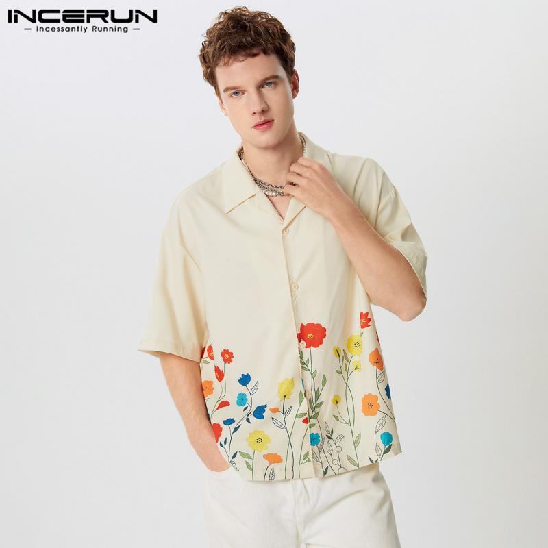INCERUN Summer T-shirts Men Short Sleeve Floral Print Buttons Casual Loose Tops