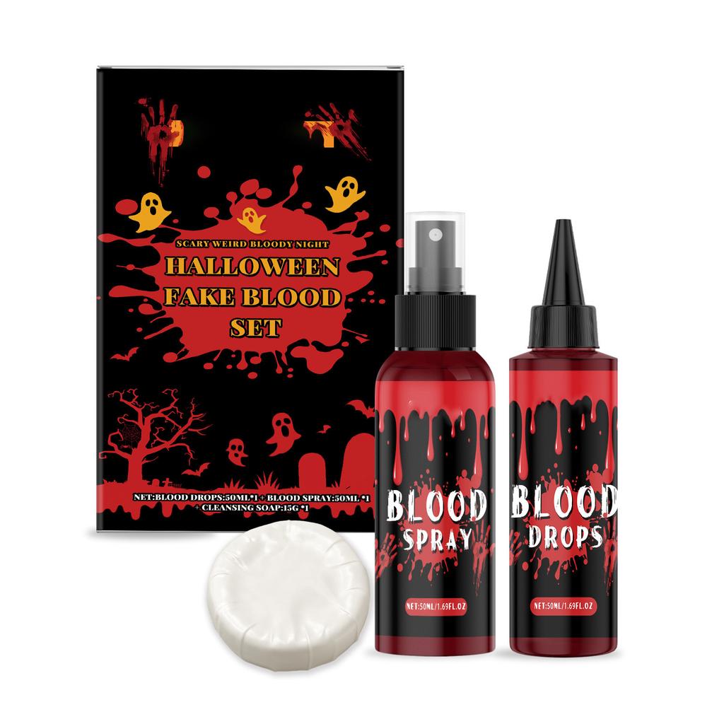 Professional Fake Blood Kit with 50ML Dripping Blood and 50ML Blood Spray Plus 15g Realistic Effect Soap for Halloween Makeup Cosplay Costume Party