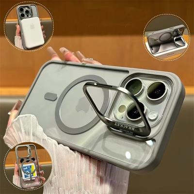 Magsafe Magnetic Lens Protection Stand Phone Case For IPhone 15 11 12 13 14 Pro Max Camera Glass Transparent Metal Ring Cover