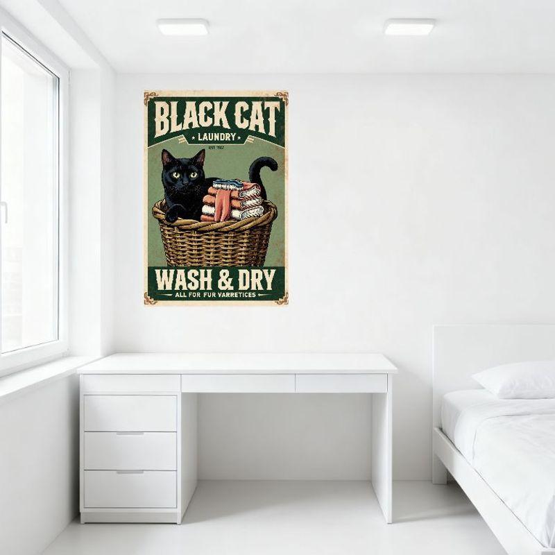 Vintage Black Cat Laundry Metal Tin Sign 1927 WASH & DRY Wall Decor for Home Bar Cafe Man Cave, Retro 1920s-30s Style with Cat &
