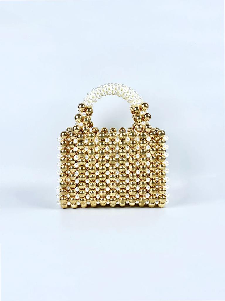 Advanced Mobile Phone Bag with Gold Round Beads, Acrylic Handheld Beaded Handmade Women's Bag, Fashionable Casual Dinner Bag