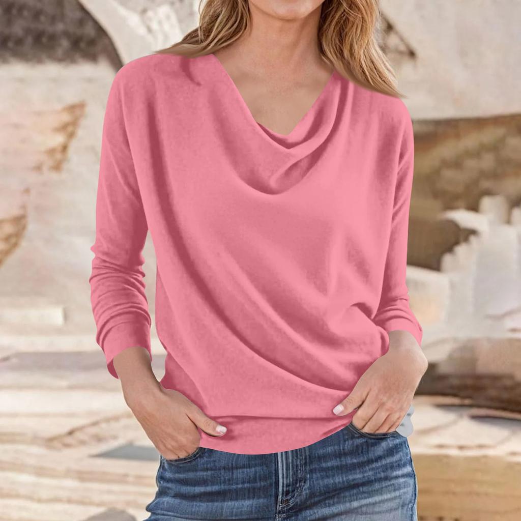 Womens Draped Cowl Neck Shirts Casual Long Sleeve Loose  Pullover Tops