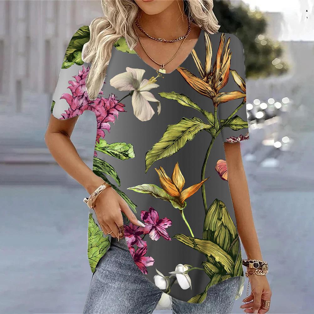 Elegant Yellow Flower Printed  V-neck Short Sleeve Tops Casual Loose Tees Streetwear Quick Drying T-shirts Female Blouse S-3XL