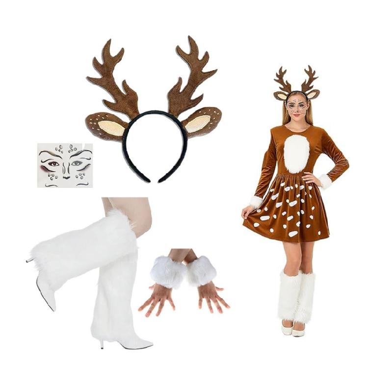 Antlers Reindeer Headband Fawn Tail Face Stickers Reindeer Costume for Christmas Halloween Party Deer Cosplay Costume