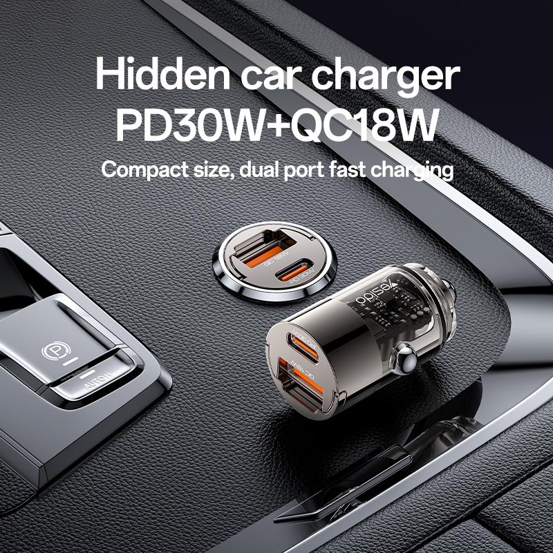 

YESIDO Y68 USB+Type-C Dual Port Adapter PD 30W+QC 18W Fast Charging Mini Car Charger As Shown A